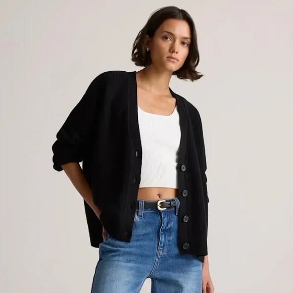 NWOT QUINCE Womens Mongolian Cashmere Fisherman Boxy Cropped Cardigan Sweater XL - Picture 2 of 12